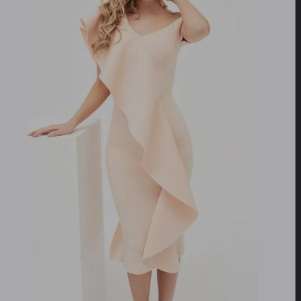  Lavish Alice Off The Shoulder Exaggerated Frill Scuba Midi Dress In Nude